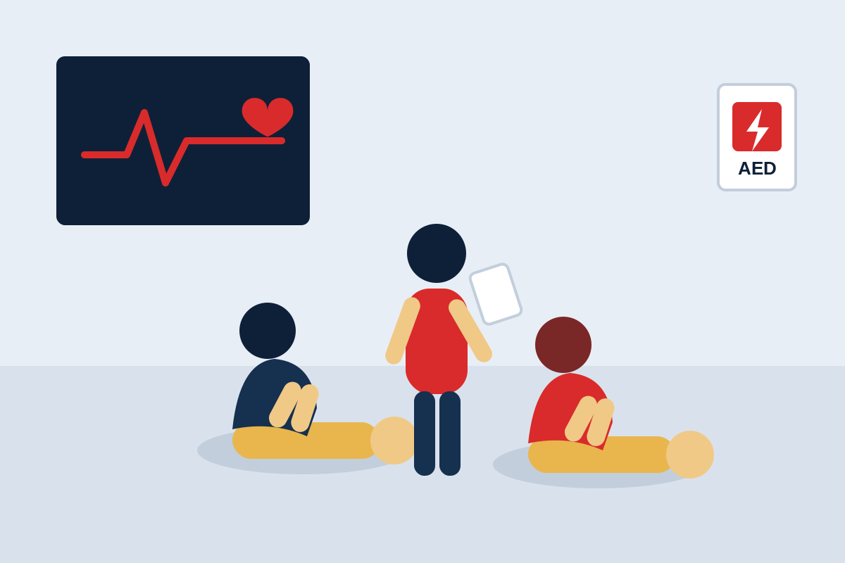 Illustration of an onsite CPR training session with AED and heartbeat monitor